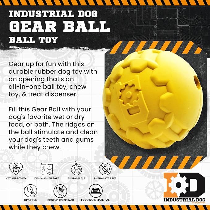 SodaPup Industrial Dog Gear Ball – Durable Ball Toy, Chew Toy, & Treat Dispenser Made in USA from Non-Toxic, Pet-Safe, Food Safe Natural Rubber Material for Bonding, Mental & Physical Exercise, & More