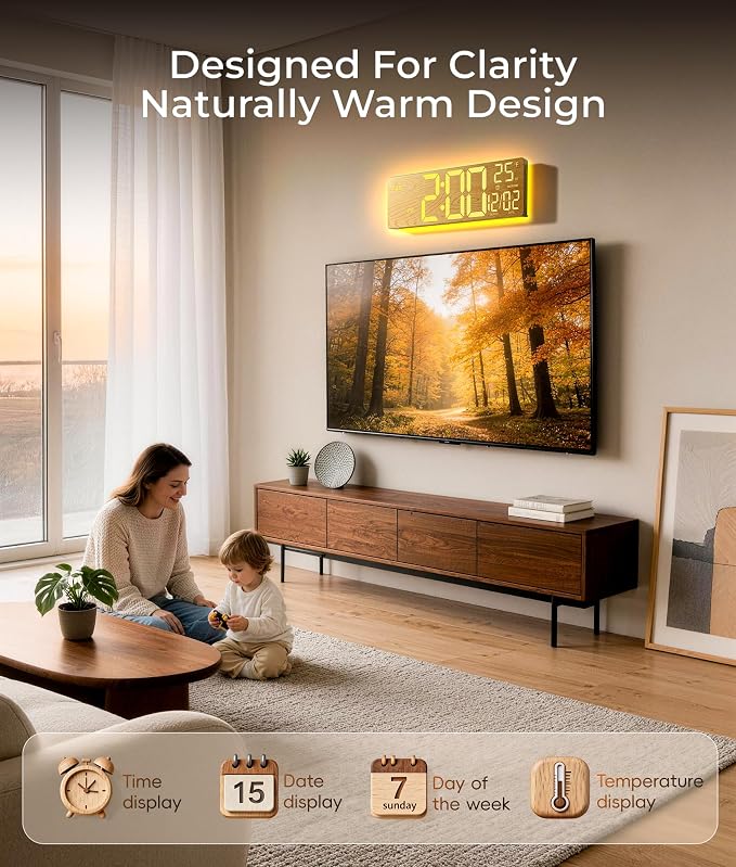 EASYERA 16.5" Large Digital Wall Clock BT Sync, 11 Scenes Mode Beige Clock | Remote Control, Big LED Clock with Dual Alarms, Auto DST, Temperature for Classroom Gaming