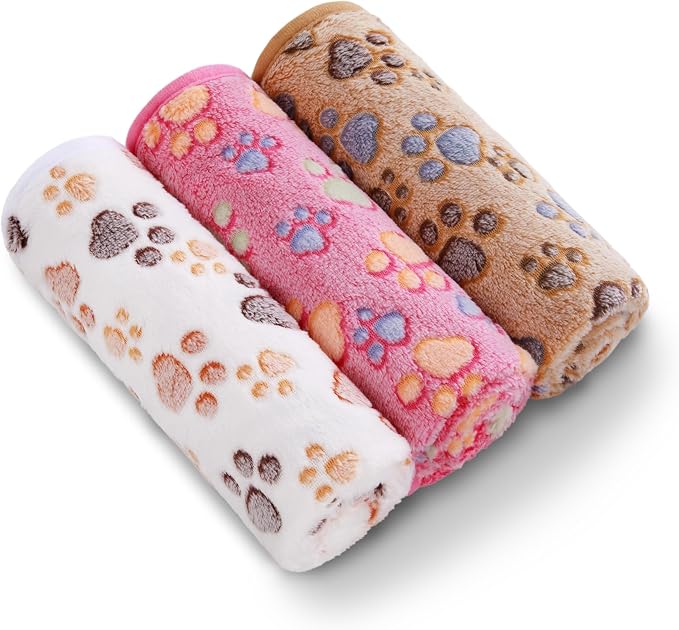 Luciphia Dog Blanket 3 Pack, Soft Cozy Fleece Throw for Puppy Cat,23"x16" | Fuzzy Flannel Small Pet Blanket Washable, Cute Paw Print for Crate Car Bed. Puppy Essential,Cat Stuff Gifts,Small