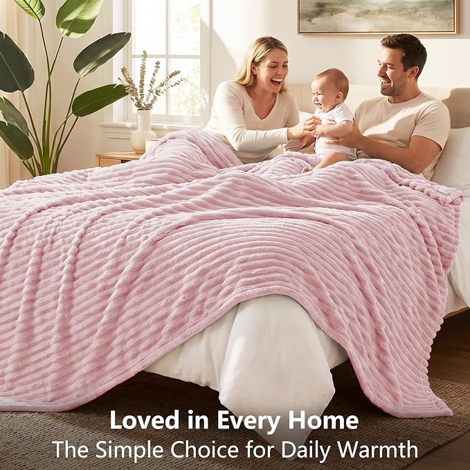 Pink Twin Blanket for Bed & Couch, 60 x 80 Inch | 300GSM Ribbed Fleece Blanket, Soft, Cozy & Lightweight, OEKO-TEX Certified, All-Season Use for Travel, Dorm & Home Decor