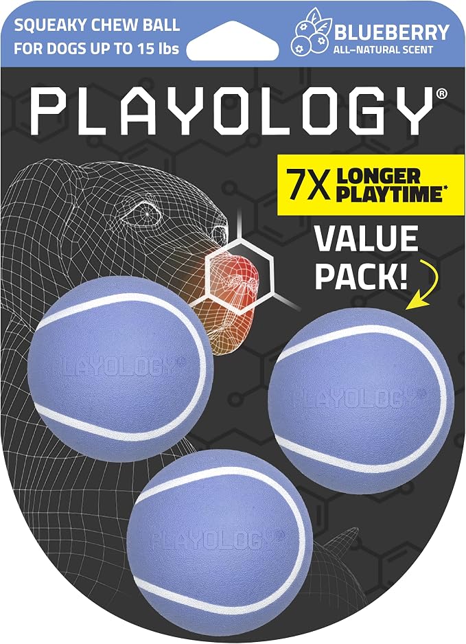 Playology Squeaky Chew Ball Dog Toy - Small, Blueberry Scent, 3-Pack