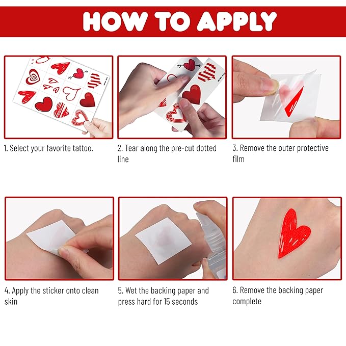 96PCS Red Heart Pre Cut Temporary Tattoos Themed Birthday Party Decorations Supplies Favors Decor Valentine Love Tattoo Stickers Gifts For Game Boys Girls Classroom School Prizes Couple Anniversary