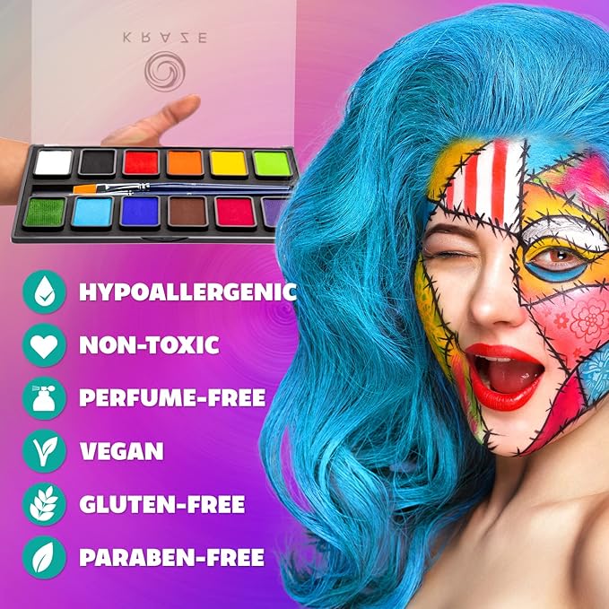 Kraze FX Basic Party Professional Face Paint Palette (12 x 10 gm) - Water Activated, Hypoallergenic, Safe, Non Toxic Body Paint Makeup Cosplay SFX Halloween Face Painting Kit for Kids Adults
