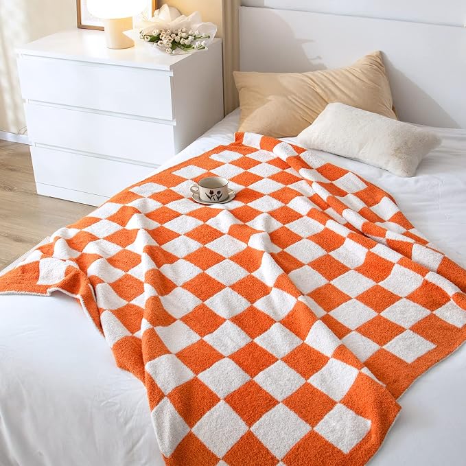 SeaRoomy Fuzzy Checkered Throw Blanket for Couch,Orange 51"X63" | Warm,Cozy,Fluffy,Lightweight,Gift for Women Couch Sofa Bed Room Home Decor