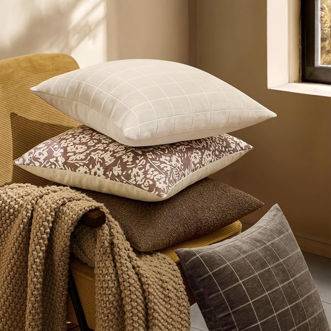 MIULEE Beige Plaid Decorative Throw Pillow Covers 20x20 Set of 2 | Vintage, Check Chenille Couch Pillows, Neutral Boho Farmhouse Cushion Covers, Modern Home Decor for Sofa Bed Living Room