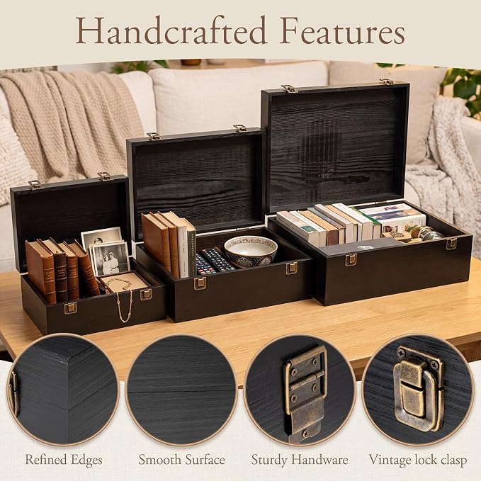Sliner 3 Pcs Wooden Decorative Storage Boxes with Lids Vintage Wood Organizer Bins for Your Bookshelf Home Decor Safely Store Photos Documents Memory Jewelry Craft Storage (Glossy Black,S M L Size)