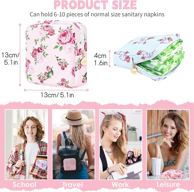 Sanitary Pad Storage Bag Portable Period Bag for Teen Pads/Sanitary Napkins/Small Tampons, Sanitary Napkin Storage Bag First Period Gifts for Teen Girls (Texture Rose)