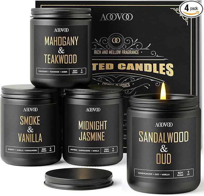 AOOVOO Scented Candles for Men - 4 Pack Candles for Home Scented, 36oz Soy Wax, 200 Hour Burn Time, Men Candle Set, Sandalwood Oud/Mahogany Teakwood/Smoke Vanilla/Jasmine Candle Set A