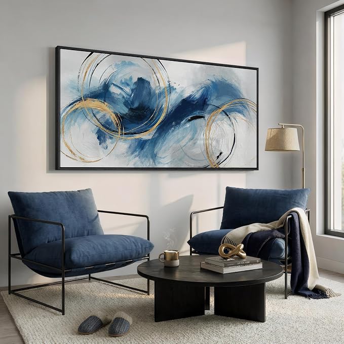 Extra Large Framed Navy Blue Abstract Canvas Wall Art for Living Room, Oversized Minimalist Modern Prints Paintings Artwork for Walls, Horizontal Contemporary Wall Decor for Bedroom Dining Room 36x72