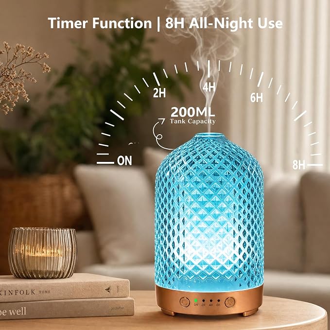 Essential Oil Diffuser for Home- 200ml Aromatherapy Diffuser for Essential Oils with 4 Timer, 7 Color LED Lights Waterless Auto Shut-Off for Home Office Décor Gifts for Women