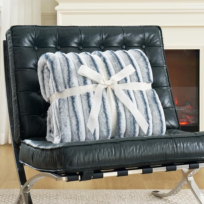 Cozy Bliss Faux Fur Throw Blanket for Couch, Cozy Warm Plush Striped Blanket for Sofa Bedroom Living Room, 50 * 60 Inches Blue