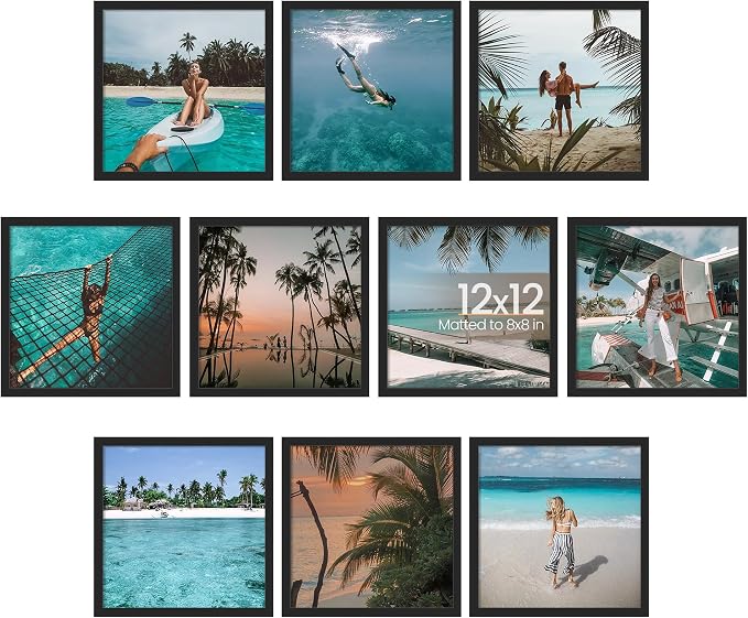 upsimples 12x12 Picture Frame, Photo Collage Wall Decor Set of 10, Black | Fit 8x8 and 12 x 12 Square Photos, Wall or Tabletop Display, For Gallery Hallway Living Room, For Christmas