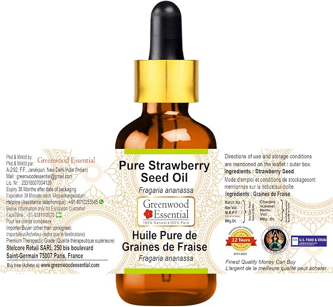 Greenwood Essential Pure Strawberry Seed Oil (Fragaria ananassa) with Glass Dropper 100% Natural Therapeutic Grade (Pack of Three) 100ml X 3 (10.1oz)