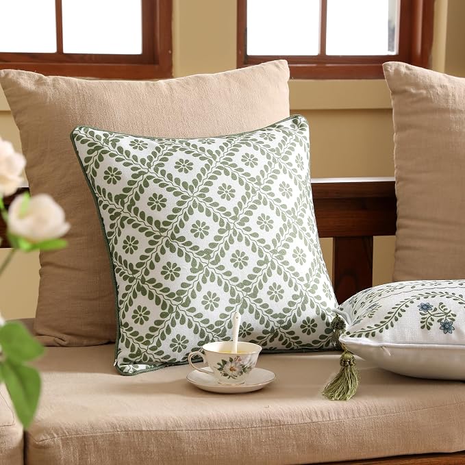Designer Vintage Linen Throw Pillow Cover,18"x18"-Mosella C | French Elegant Square Decor Pillow Cover,Concealed Zipper Design,Floral Pattern,Sofa,Bedroom,Living Room,Lounge Chairs