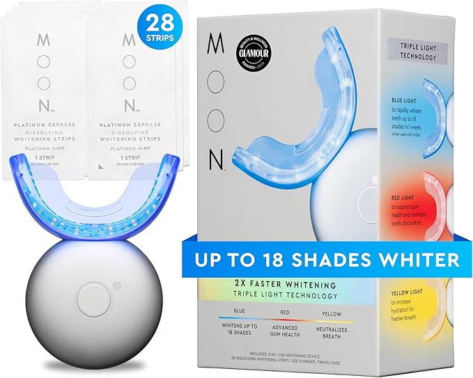 MOON Teeth Whitening Kit, Platinum Teeth Whitener LED Device, 28 Dissolving White Strips, Yellow, Blue & Red Light Whitening Tray for Gum Health & Fresh Breath, Whitens Up to 18 Shades (4 Piece Kit)