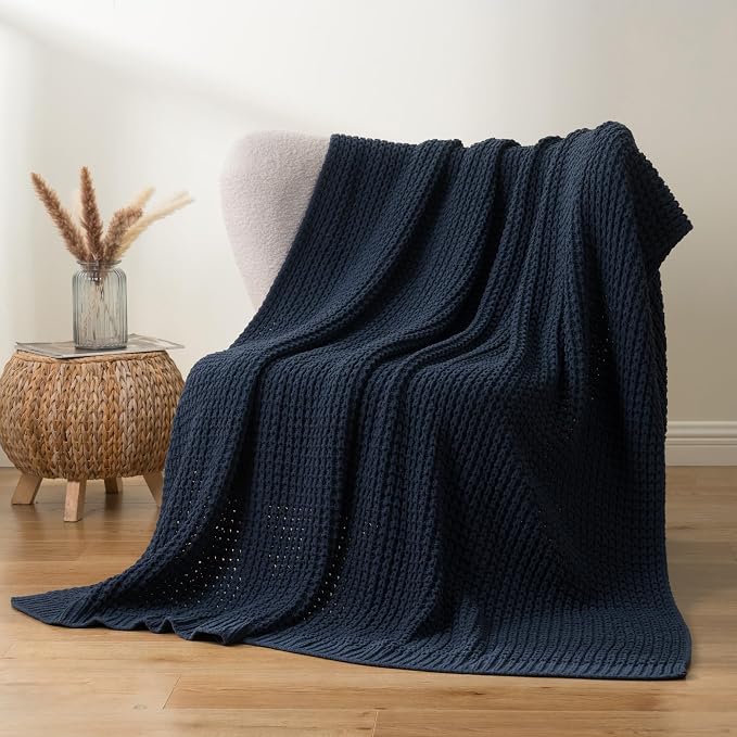Navy Blue Throw Blanket for Couch, Chenille Knitted Blue Blanket 60''x80'' | Soft Cozy Chunky Knitted Blanket, Warm Thick Throw Blanket for Home Decor, Sofa, Men, Modern Farmhouse Style