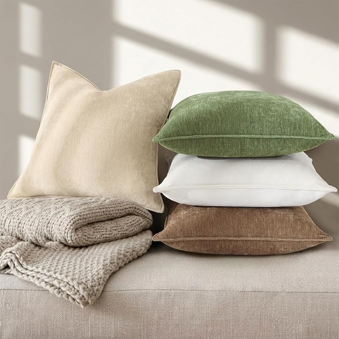 decorUhome Chenille Beige Velvet Throw Pillow Covers 22x22 Set of 2 | Fall Soft Euro Sham Couch Decorative Modern Farmhouse Pillow Cases with Elegant Design for Sofa Bed Living Room Home Decor