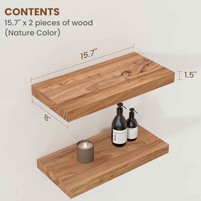 Floating Shelves for Wall, 8" Deep Rustic Solid Elm Wood Floating Shelves Wall Mounted, Wall Shelves with Invisible Bracket for Living Room Bedroom Bathroom Kitchen, 15.7 Inch Set of 2, Natural
