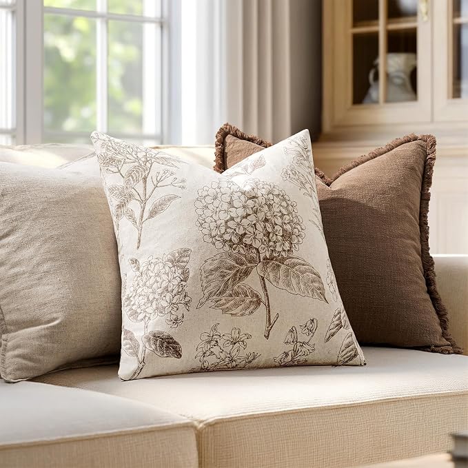 Set of 2 Decorative Floral Pillow Covers 22x22 Inch Light Brown | Neutral Hydrangea Print, Boho Vintage Throw Cushion Covers, Cottagecore Home Decor, for Sofa Couch Porch Bedroom Living Room