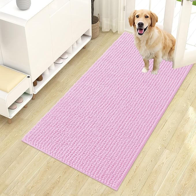 OLANLY Dog Door Mat for Muddy Paws 44x24, Extra Absorbent Chenille Mud Mat | Pink, Absorbs Moisture and Dirt, Non-Slip Machine Washable Doormat, Quick-Drying Indoor Entryway Floor Mat for Dogs