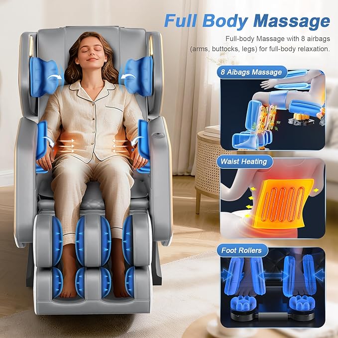 Massage Chair Full Body, Zero Gravity Massage Chair 2025 for Back Fatigue with 10 Fixed Rollers, Airbags, Heating, Phone Controller, Bluetooth Speaker, Nightlights for Living Room, Bedroom