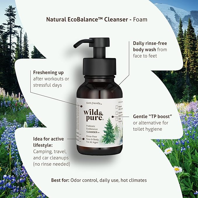 Wild & Pure EWG Verified Natural Foaming Body Wash (8oz) | pH Balanced, Microbiome-Friendly & Plant-Based | No-Rinse Cleanser, Deodorizer, Moisturizer For Face, Hands, Body | Refillable Skincare