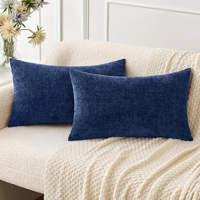 MIULEE Soft Chenille Lumbar Throw Pillow Covers Navy Blue 12x20 Pack of 2 | Modern Coastal Home Decor, Classic Decorative Pillows, Solid Dyed Cases, Boho Couch Cushion Covers for Sofa Bed Living Room