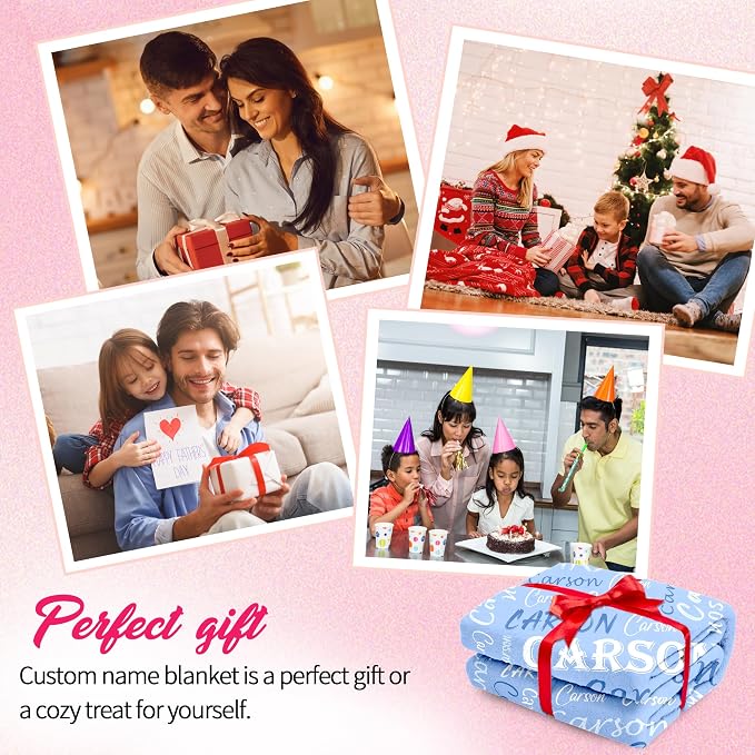 Personalized Custom Light Blue Theme Light Soft Flannel Fleece Throw Blanket with Name for Men, Women, Boys, Girls, Kids - Customized Name Gifts for Birthday, Christmas, Valentines Day