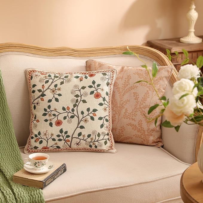 Designer Elegant Vintage Linen Throw Pillow Cover,18"x18"-Flora A | French Square Decor Pillow Cover,Concealed Zipper Design,Floral Pattern,Sofa,Bedroom,Living Room,Lounge Chairs