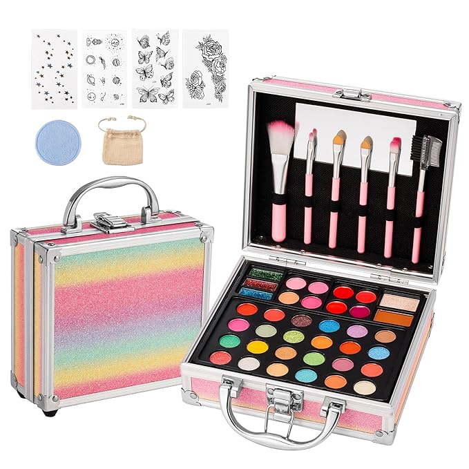 Anpro All-in-One Makeup Kit for Girls 10-12 with Case, Pro Teen Makeup Set, Tween Makeup Kit, Full Starter Make Up Kit with Brushes, Eyeshadow Palette, Blushes, Glitter Gel, Temporary Tattoo Stickers