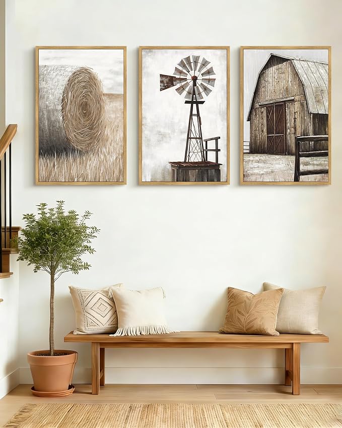 Drsoum Farmhouse Wall Art Vintage Rustic Windmill Barn Cornfield Pictures Framed Painting Landscape Countryside Rural Canvas Artwork Home Decor Ready to Hang 24x36in - Natural Framed