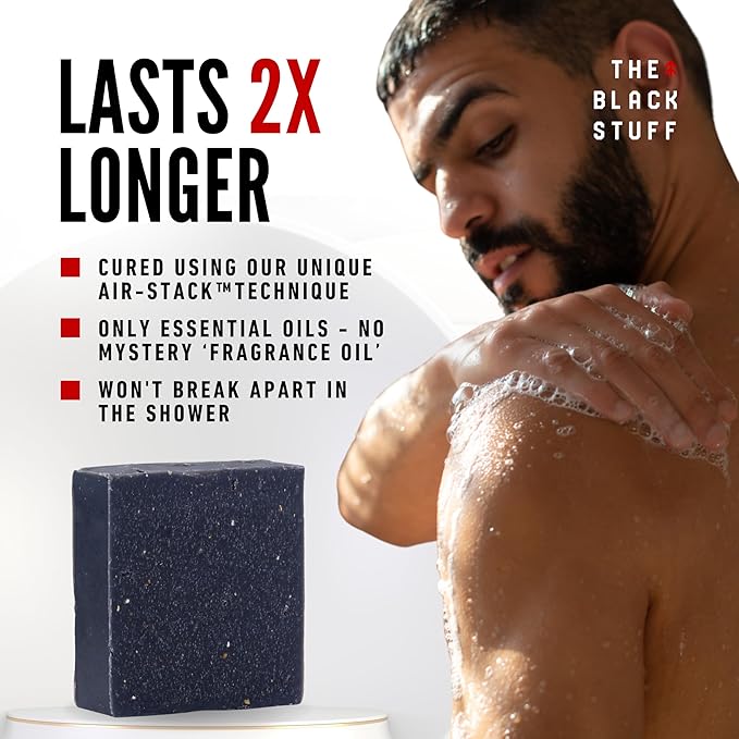 The Black Stuff Pine Tar Soap - Mens Bar Soap Made with Pine Tar, Organic Ingredients and Essential Oils - Handmade Cold Process Body Soap for Men - Moisturizing and Cleansing organic Bath Soaps