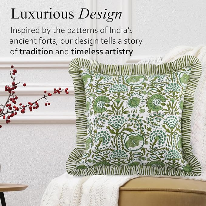 CPC Block Print Ruffle Throw Cover Agate Green 24"x24" Inch Pack of 2-100% Cotton Ruffle Couch Decorative Boho Pillows Case for Living Room, Bedroom, Sofa, Farmhouse Gift for Spring, Mother's Day