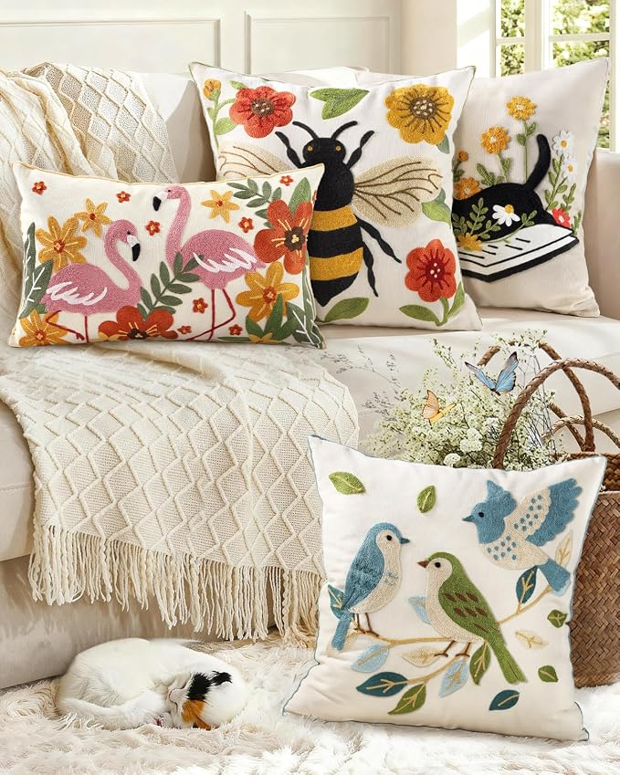 Animal Embroidered Lumbar Pillow Cover 20x12 Inch, Cat Floral | Decorative Throw Pillow Cover, Farmhouse Cushion Cases with Hidden Zipper, Cottagecore Decor for Couch, Sofa, Bedroom