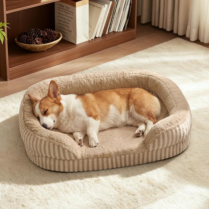 MIXJOY Orthopedic Dog Beds Large Sized Dog,Large Washable Dog Bed Waterproof Oval Dogs Bed with Removable Cover,Egg-Crate Foam Big Pet Bed Couch Sofa with Bolster Sides,Non-Slip Bottom,L 35"X25",Brown