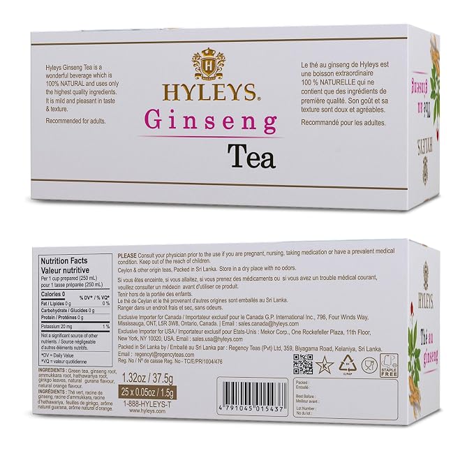 Hyleys Ginseng & Green Tea with Natural Guarana & Orange Flavor - Herbal Energy Tea - 25 Tea Bags (12 Pack - 300 Tea Bags Total)