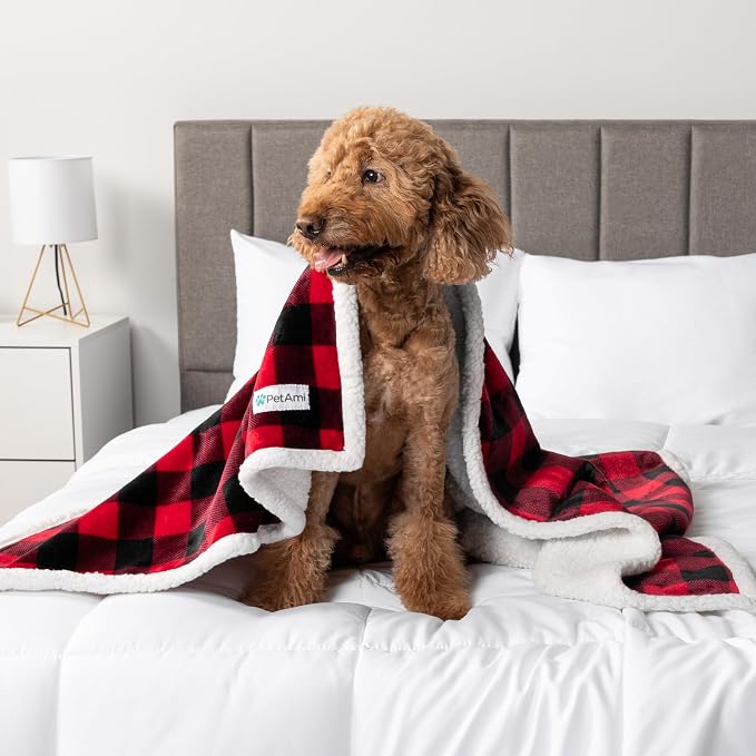 PetAmi Waterproof Dog Blanket for Medium Large Dog Pet, 60x40, Black Red | 460 GSM Sherpa Fleece Reversible, Pee Proof Cat Blanket, Furniture Protector Cover for Couch Bed Sofa Kennel, Washable, Large