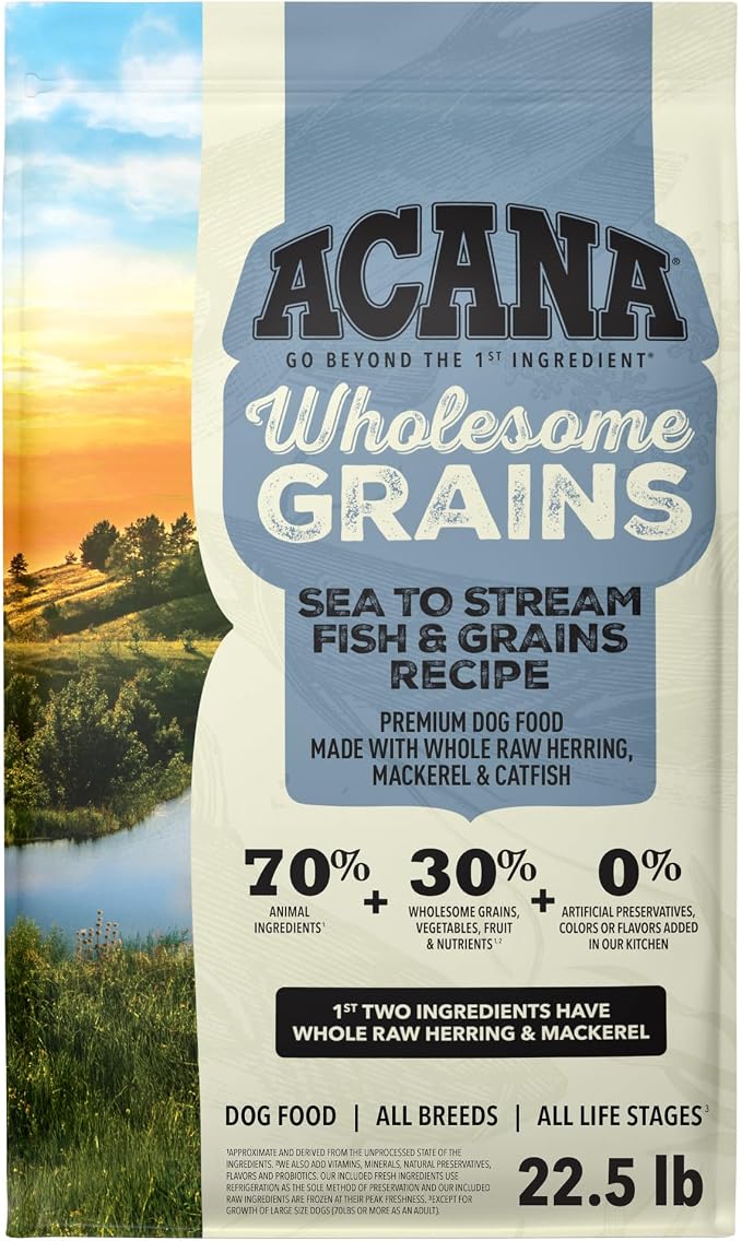 ACANA Wholesome Grains Dry Dog Food Sea to Stream Recipe 22.5lb Bag | High Protein, Made in the USA, Includes Probiotics, Wild-Caught Fish, Global Quality Ingredients