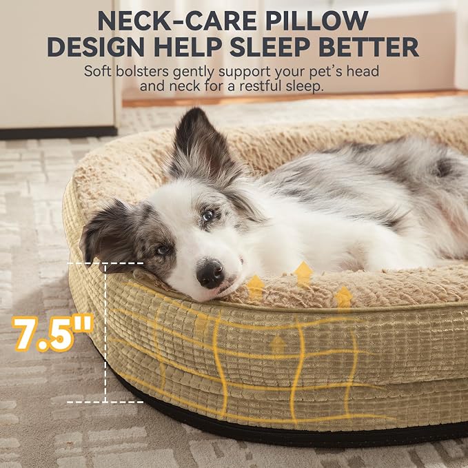 JOEJOY Orthopedic Dog Bed for Large Dogs, Egg-Crate Memory Foam Pet Bed with Bolster Sides, Waterproof Lining, Removable Washable Cover & Non-Slip Bottom, Light Brown