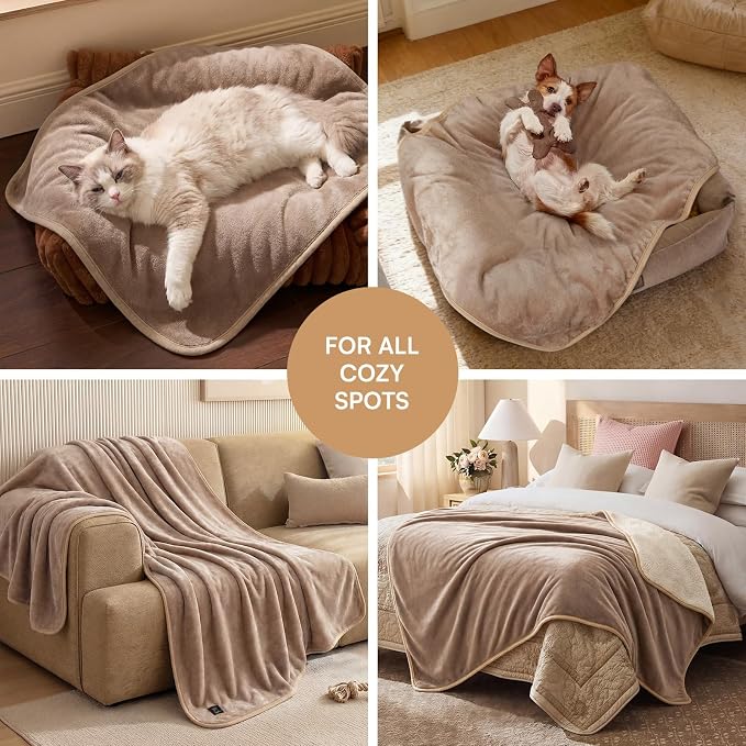 Luciphia Waterproof Pet Blanket, Washable Reversible Sherpa Fleece Throw | Liquid-proof furniture protector for bed and couch, soft reversible sherpa fleece for dogs, cats khaki, L