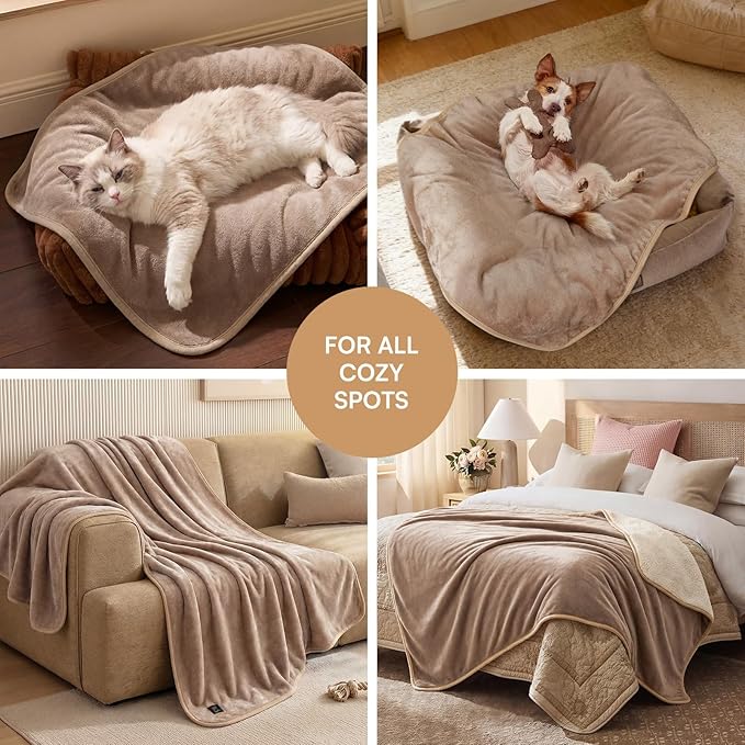 Luciphia Waterproof Pet Blanket, Washable Reversible Sherpa Fleece Throw | Liquid-proof furniture protector for bed and couch, soft reversible sherpa fleece for dogs, cats khaki, XS