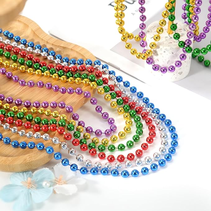 SHAOQINLIN 12 PCS Mardi Gras Beads Necklaces, 6 Colors 33'' Colorful Bead Necklaces Bulk Party Beads Necklace Round Beaded Necklaces for Mardi Gras, St. Patrick's Day, Christmas, Carnival Party Favor