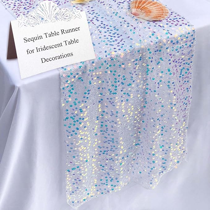 White Sequin Table Runner 10 Ft 1 Pack, Perfect for 6 - 8 Ft Tables, Iridescent Sparkle Table Runner 120" x 17" for Wedding Birthday Party Decorations