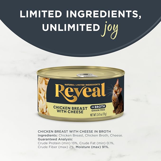 Reveal Chicken & Cheese in Broth Wet Cat Food 24-Pack 2.47 oz Cans | 100% Natural, High Quality Protein, Limited Ingredient, Grain Free, No Fillers, No Artificial Additives, No By-Products