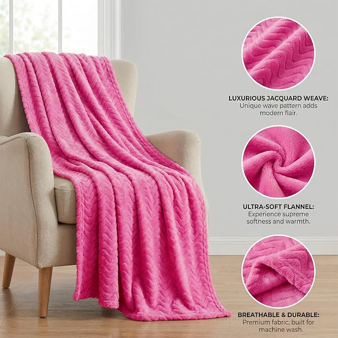 Exclusivo Mezcla Large Fleece Throw Blanket for Couch, Sofa, Hot Pink | 50"x70" Soft Breathable Lightweight Flannel Throws for Summer, Plush Cozy Jacquard Wave Blanket for Home Decor