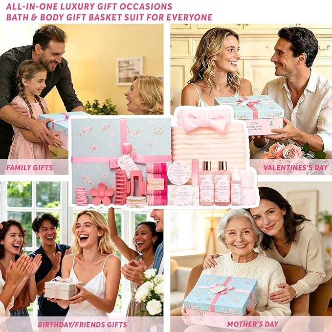 57 Pcs Bath Spa Kit for Women, Rose Bath and Body Gift, Facial Skin Care Set, Self Care Pampering Kit, Face Serum, Home Spa, Birthday Gift Set, Mother Day, Bridal Shower Bath sets for women gift