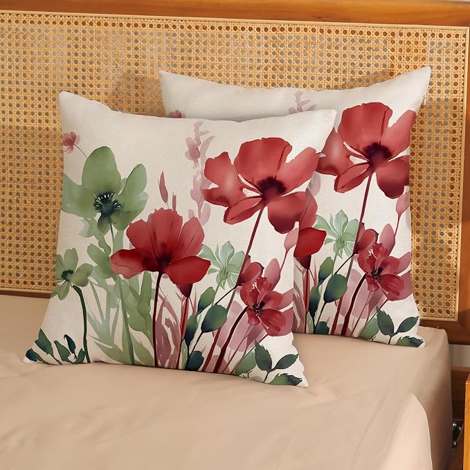Floral Pillow Covers 18x18 Inches Set of 2 Sage Green Burgundy Red Floral Throw Pillow Covers Outdoor Rustic Summer Flower Decor Pillowcase Farmhouse Decorative Cushion Cover for Home Sofa