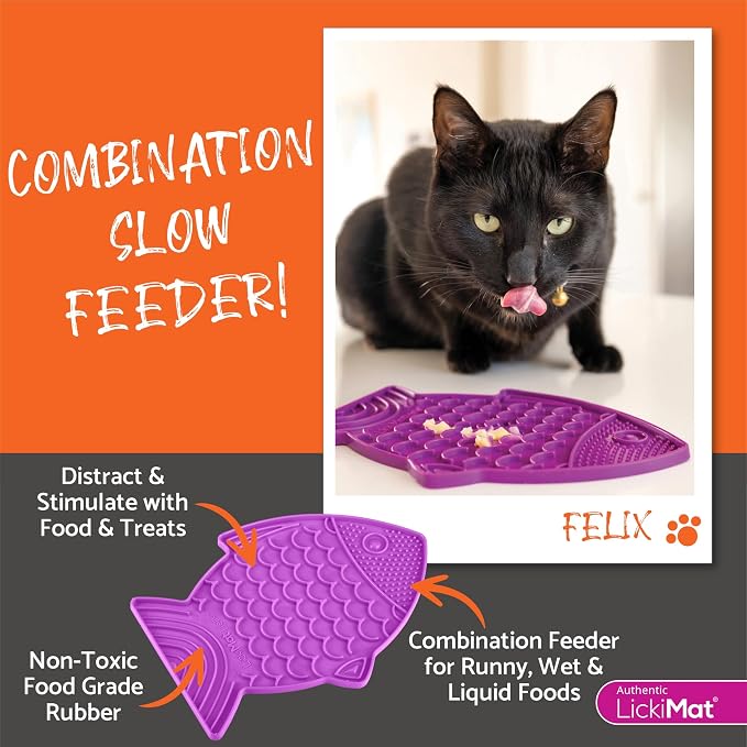 LickiMat Felix, Fish-Shaped Cat Slow Feeders Lick Mat, Boredom Anxiety Reducer; Perfect for Food, Treats, Yogurt, or Peanut Butter. Fun Alternative to a Slow Feed Cat Bowl or Dish, Yellow