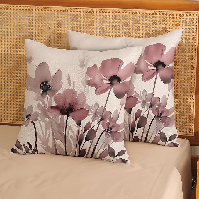 Spring Floral Pillow Covers 18x18 Inches Set of 2,Pink Floral Throw Pillow Covers Outdoor Summer Flower Decoration Pillowcase Farmhouse Decorative Square Cushion Cover for Home Couch Sofa