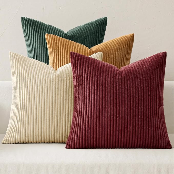 MIULEE Corduroy Decorative Throw Pillow Covers Christmas Red Green 18x18 | Set of 4, Mordern Nordic Christmas Decor, Green Red Accent Set, Boho Farmhouse Cushion Covers for Couch Bed Sofa Living Room